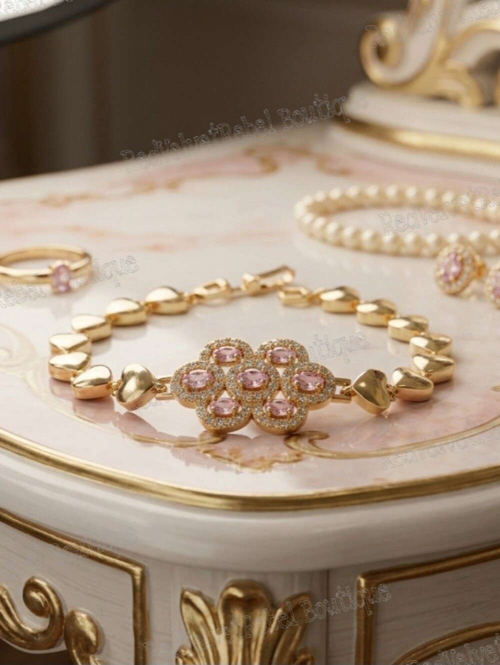 Vintage Palace Pink White Crystal Heart Gold Link Bracelet